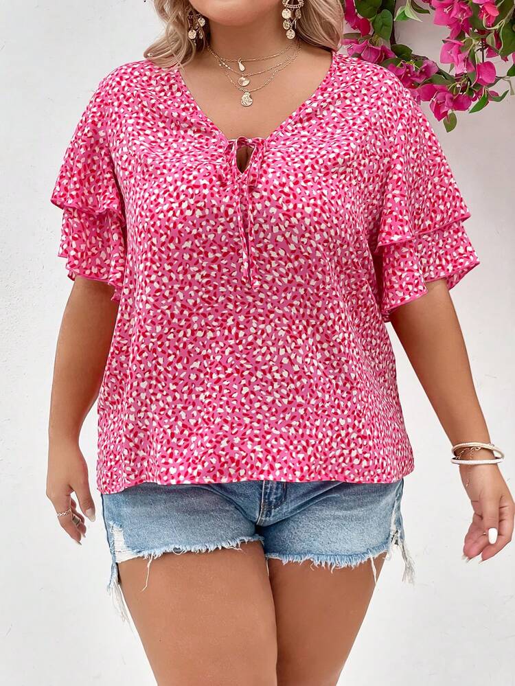 SHEIN LUNE Blouse à imprimé à nœud manches papillon - Rose bonbon - Voir 4