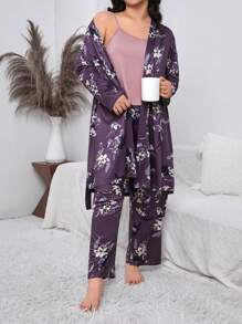 con estampado floral Bata con cinturón & Top de tirantes con pantalones Conjunto de pijama - Morado - Ver 1