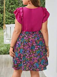 SHEIN VCAY 大碼1入組荷葉邊上衣和1入組印花半身裙 - 彩色 - 查看 2