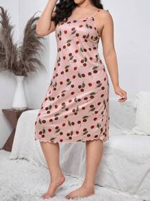 大碼櫻桃圖案吊帶睡裙 - 粉色 - 查看 5