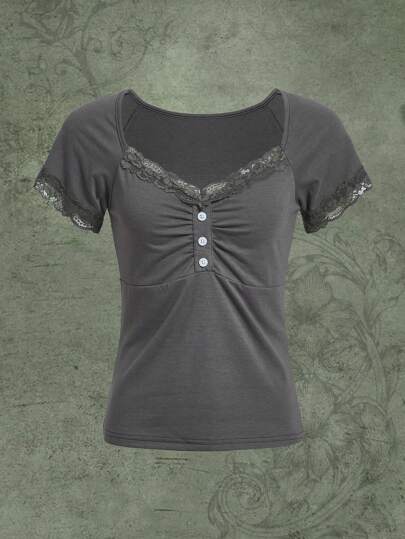 Contrast Lace Button Front Tee