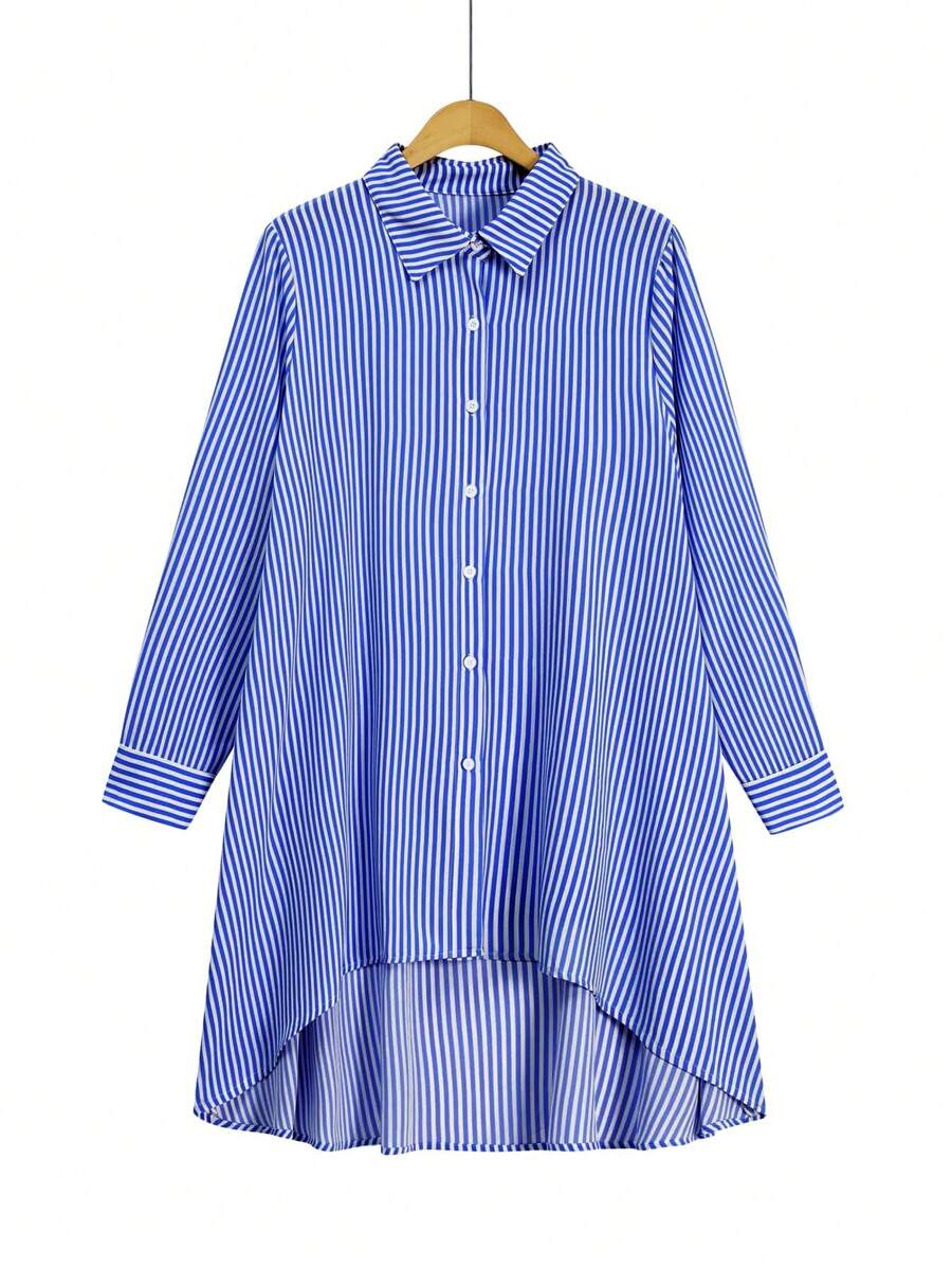 Calvaya Plus Striped Print High Low Hem Button Front Shirt - Blue and White - View 1