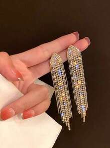 1 par Pendientes largos lujo con diamante de imitación con fleco para mujeres para fiesta - Amarillo Oro - Ver 1