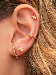 3入組/套時尚不銹鋼蜜蜂裝飾耳釘和1入組紋理質感耳夾適合女士日常裝飾 - 金黃色 - 查看 1