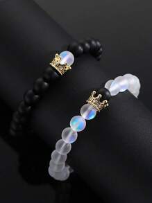 2pcs/set Fashionable Crown Decor Beaded Bracelet For Couple For Daily Decoration - Black and White - View 1