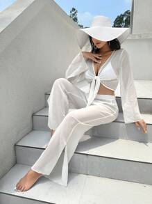 Swim Vcay Summer Beach Tie Front Crop Top & Split Hem Pants Cover Up Set