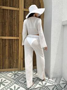 Swim Vcay Summer Beach Tie Front Crop Top & Split Hem Pants Cover Up Set