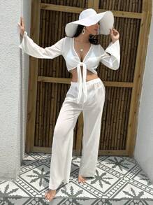 Swim Vcay Summer Beach Tie Front Crop Top & Split Hem Pants Cover Up Set
