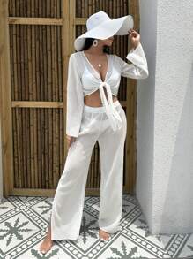 Swim Vcay Summer Beach Tie Front Crop Top & Split Hem Pants Cover Up Set