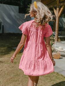 Simplee Vestido smock con bordado con ojal bajo con fruncido - Rosado Sandía - Ver 2