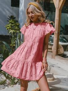 Simplee Vestido smock con bordado con ojal bajo con fruncido - Rosado Sandía - Ver 4