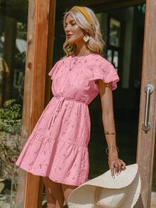 Simplee Vestido smock con bordado con ojal bajo con fruncido - Rosado Sandía - Ver 5