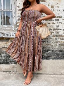 Breezaya 大碼幾何印花打褶荷葉邊抹胸連衣裙 - 彩色 - 查看 5