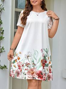 Enliva Plus Floral Print Embroidery Mesh Tunic Dress, Summer,Beach Dress Sundress,Holiday Outfits Boho - White - View 3