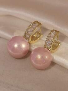 1對時尚粉色釘珠水鑽裝飾圓耳環適合女士適合派對