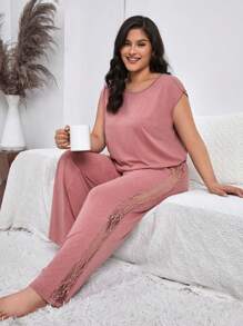 Plus Contrast Lace Batwing Sleeve PJ Set - Dusty Pink - View 1