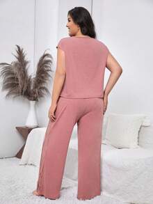 Plus Contrast Lace Batwing Sleeve PJ Set - Dusty Pink - View 3