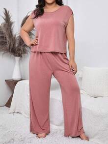 Plus Contrast Lace Batwing Sleeve PJ Set - Dusty Pink - View 6