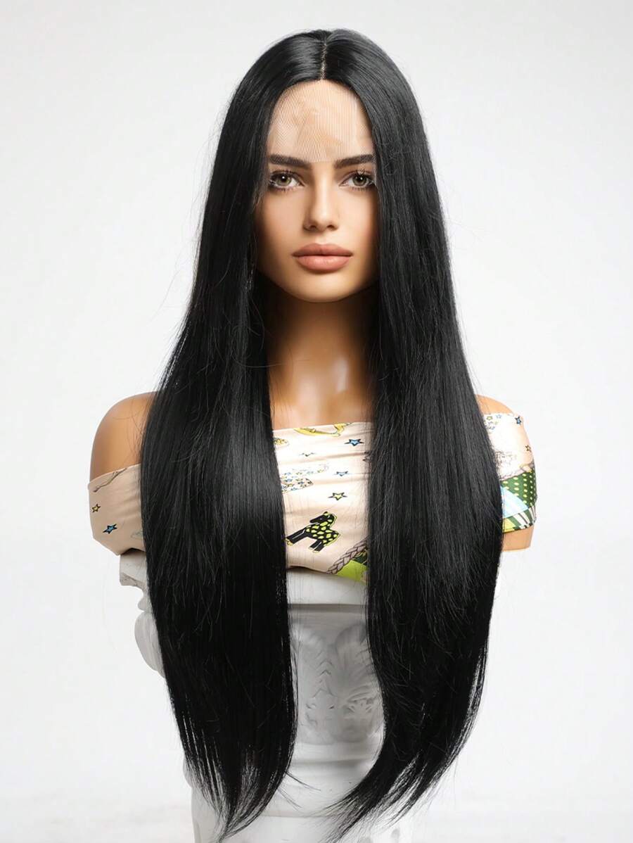 Haircube 女士13*4*1蕾絲假髮,26''黑色中分長直合成纖維蕾絲假髮 - 黑色 - 查看 1