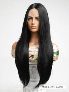 Haircube 女士13*4*1蕾絲假髮,26''黑色中分長直合成纖維蕾絲假髮 - 黑色 - 查看 3