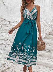 SHEIN Holidaya Paisley Print Belted Cami Dress - Teal Blue - View 3