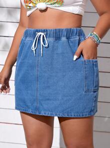 SHEIN EZwear Plus Drawstring Waist Dual Pocket Side Denim Skirt - Medium Wash - View 6