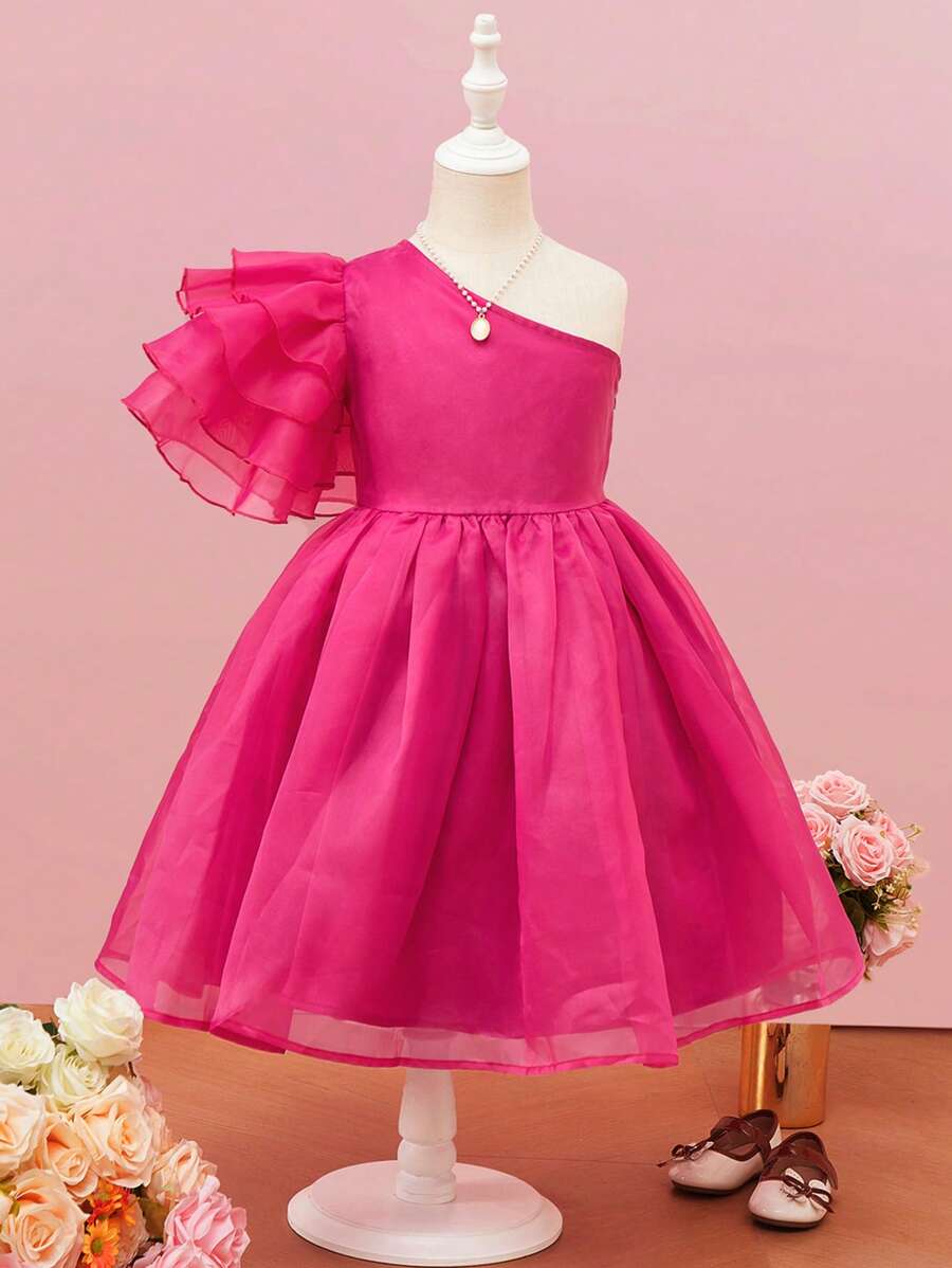 SHEIN Chicas Vestido de malla de un hombro fruncido exagerado ribete sin cinturón - Rosa Fucsia - Ver 1