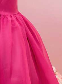 SHEIN Chicas Vestido de malla de un hombro fruncido exagerado ribete sin cinturón - Rosa Fucsia - Ver 4