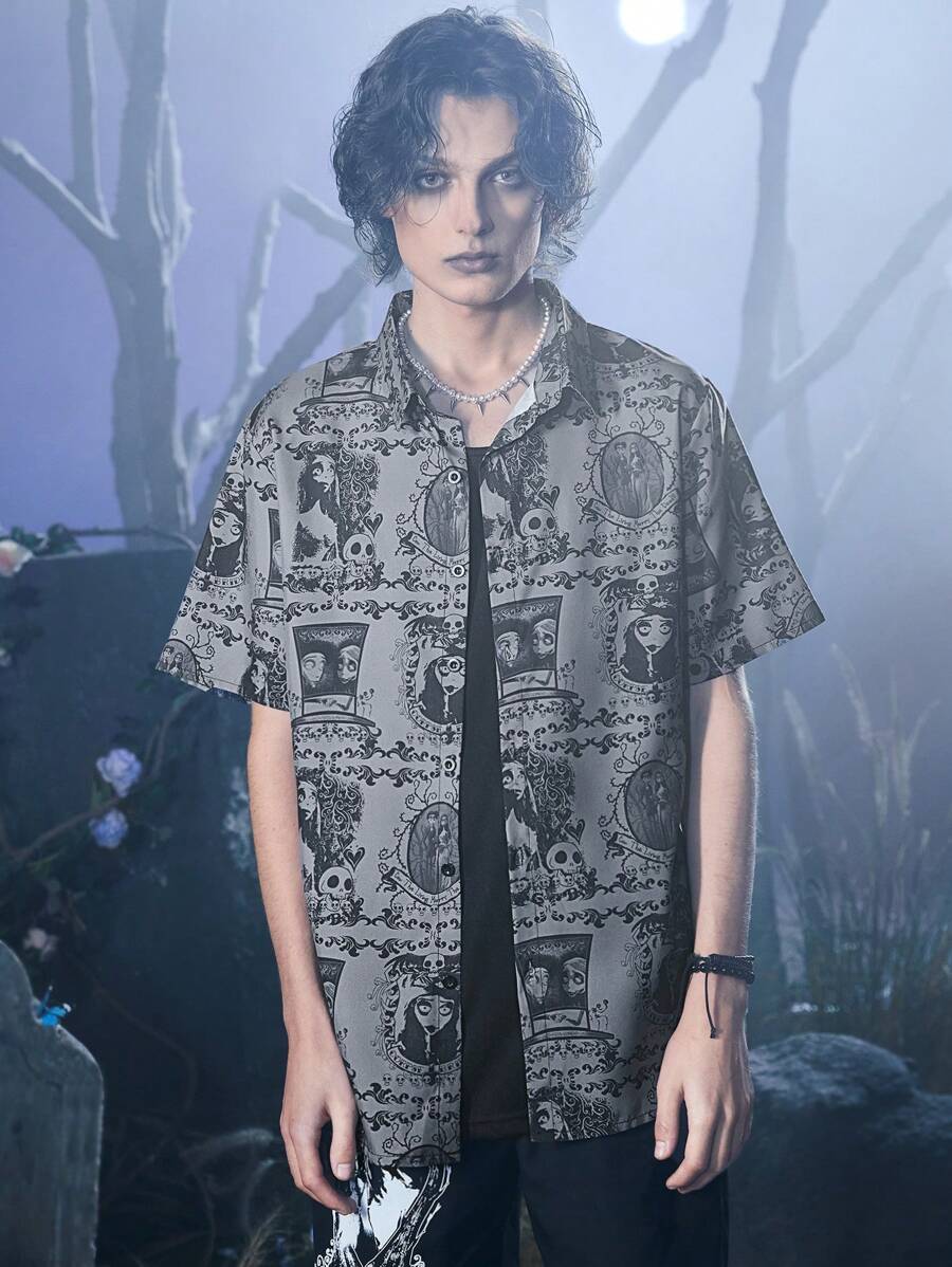 ROMWE MEN Corpse Bride | ROMWE Áo sơ mi Nam Nút phía trước Lễ Các Thánh Đường phố - Xám - Xem 1