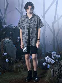 ROMWE MEN Corpse Bride | ROMWE Áo sơ mi Nam Nút phía trước Lễ Các Thánh Đường phố - Xám - Xem 4