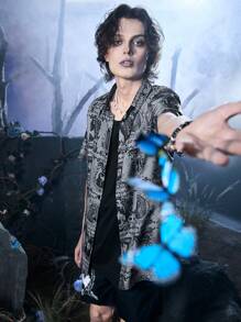 ROMWE MEN Corpse Bride | ROMWE Áo sơ mi Nam Nút phía trước Lễ Các Thánh Đường phố - Xám - Xem 6