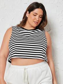 SHEIN BASICS 大碼條紋印花短款背心 - 黑與白 - 查看 8