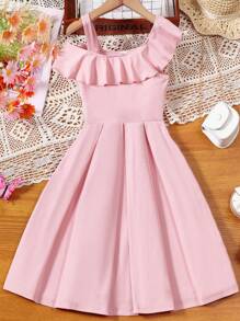SHEIN 女孩不對稱領荷葉邊褶皺細節洋裝 - 粉色 - 查看 1
