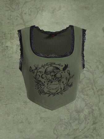 لباس علوي تانك ضفدع و بطباعة فطر دانتيل متباين اللون