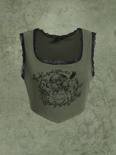 لباس علوي تانك ضفدع و بطباعة فطر دانتيل متباين اللون