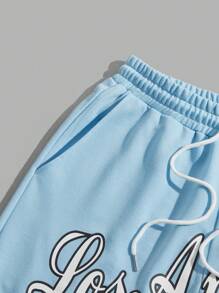 ROMWE MEN Prep Men Letter Graphic Striped Trim Drawstring Waist Shorts, School - Blue - View 3
