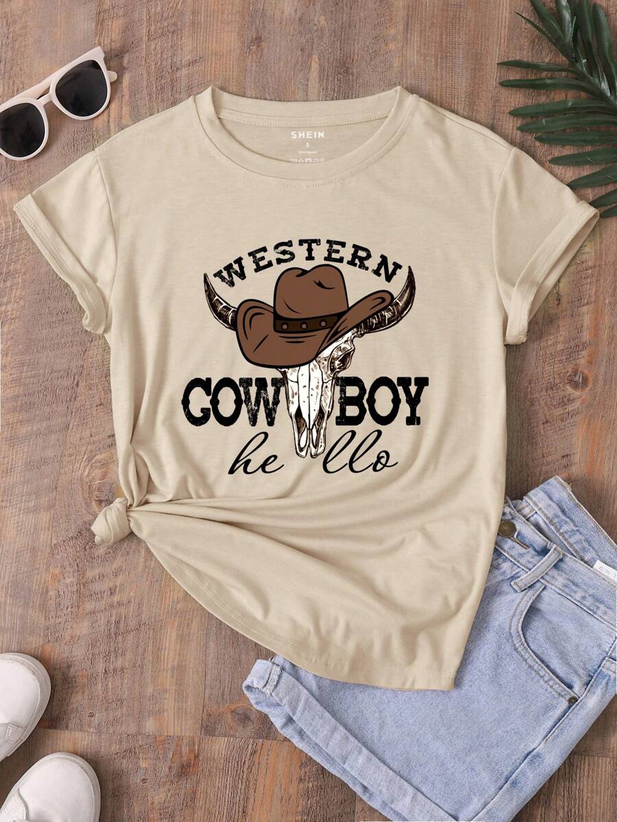 INAWLY 帽子和标语图案 T 恤西部牛仔你好 - 卡其色 - 查看 1