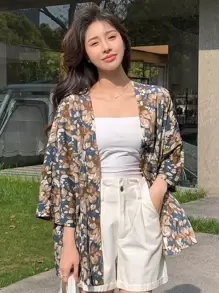 DAZY Allover Floral Print Batwing Sleeve Open Front Blouse - Multicolor - View 1