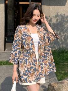 DAZY Allover Floral Print Batwing Sleeve Open Front Blouse - Multicolor - View 5