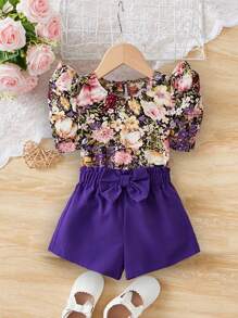SHEIN Baby Floral Print Ruffle Trim Top & Bow Front Shorts - Multicolor - View 6