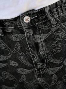 Men Paisley Print Straight Leg Jeans, Grunge - Black - View 6