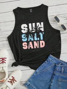 SHEIN VCAY 熱帶印花和字母圖案背心上衣 - 黑色 - 查看 1