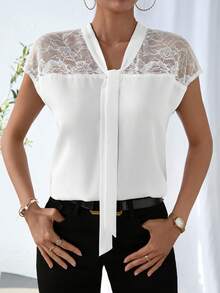 SHEIN Unity Contrast Lace Tie Neck Batwing Sleeve Blouse - White - View 4