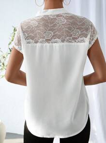 SHEIN Unity Contrast Lace Tie Neck Batwing Sleeve Blouse - White - View 1