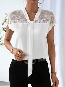 SHEIN Unity Contrast Lace Tie Neck Batwing Sleeve Blouse - White - View 2