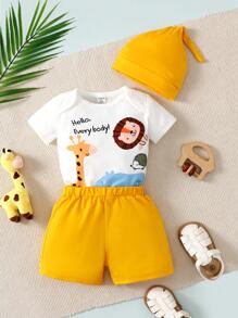 Baby Boy Cartoon Graphic Bodysuit & Shorts & Hat
