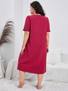 Đầm mặc nhà Kích Thước Lớn Tương phản ren viền lá sen màu trơn - Màu Đỏ Sâu - Xem 2