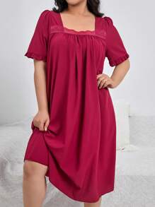 Đầm mặc nhà Kích Thước Lớn Tương phản ren viền lá sen màu trơn - Màu Đỏ Sâu - Xem 3