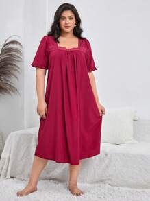 Đầm mặc nhà Kích Thước Lớn Tương phản ren viền lá sen màu trơn - Màu Đỏ Sâu - Xem 4