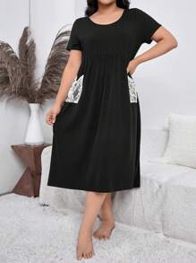 Plus Contrast Lace Night Dress - Black - View 1